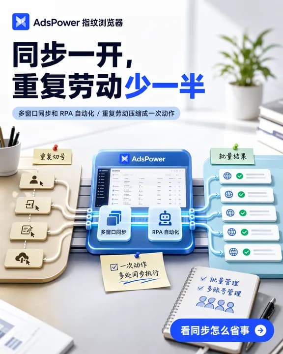 AdsPower 指纹浏览器竖版广告,主标题「同步一开,重复劳动少一半」,桌面场景里一台显示多窗口同步与 RPA 自动化的控制台,左侧便签写「重复切号」,右侧列出批量执行结果。