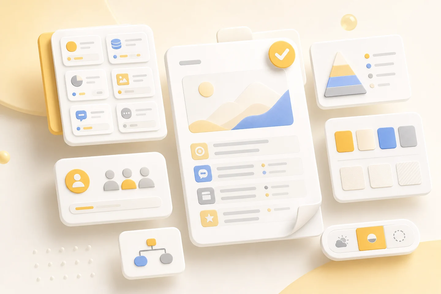 Product facts and audience notes assembling into a single creative brief, drawn as a yellow 3D illustration
