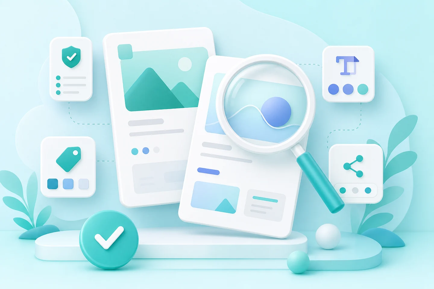 Teal 3D illustration of ad creatives inspected under a magnifying glass, surrounded by review checkpoint cards