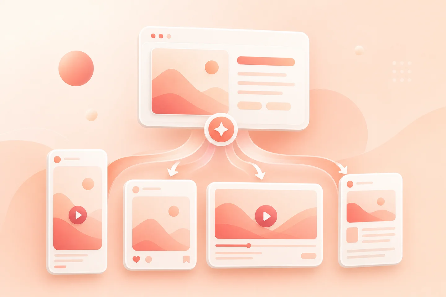 One product story branching into placements on four different platforms, rendered as a coral 3D illustration