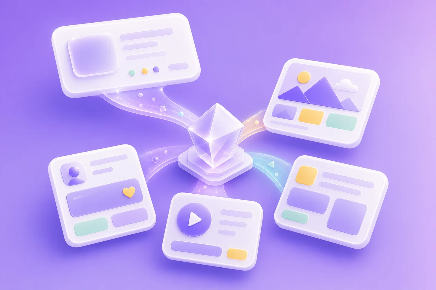 Product facts fanning out into several creative directions, drawn as a soft 3D illustration