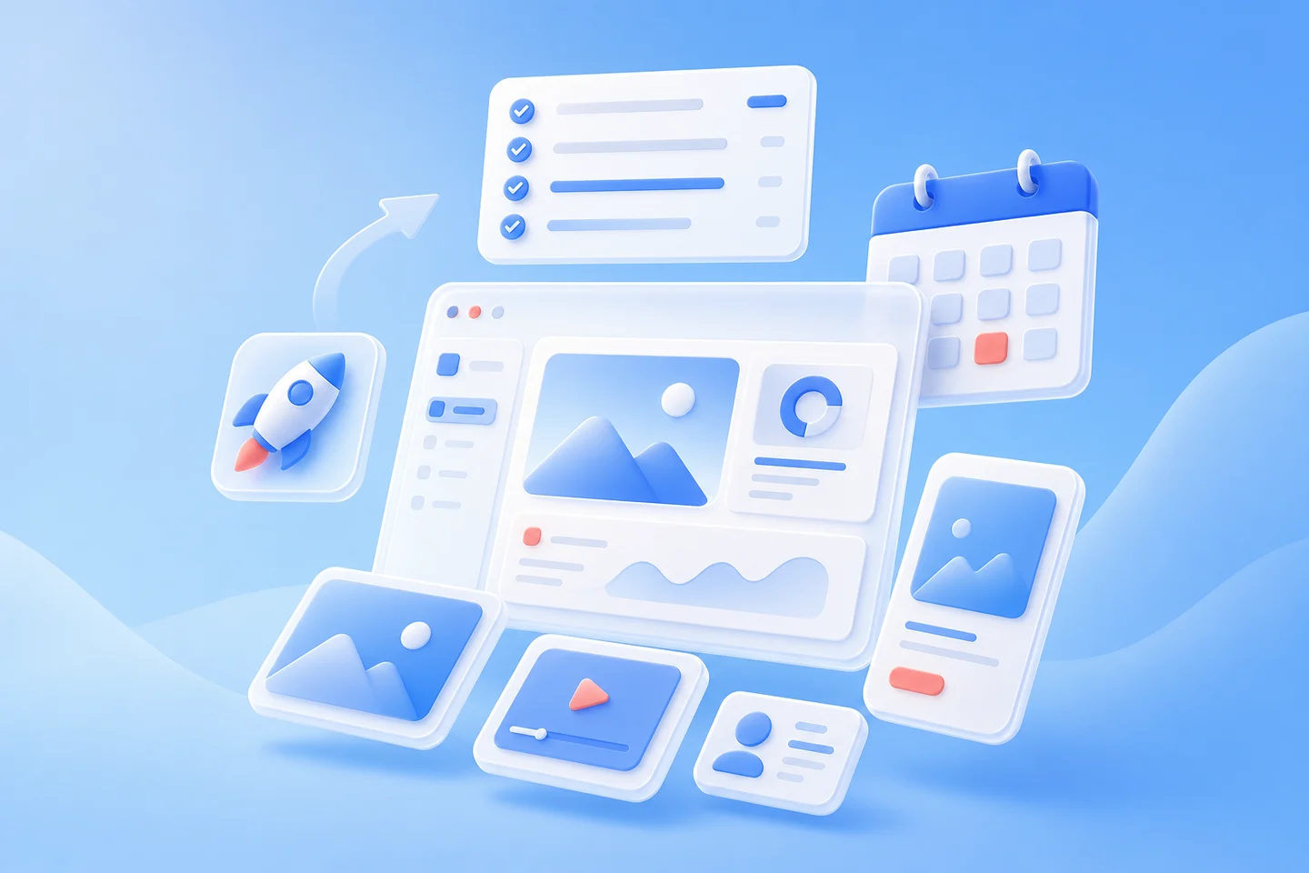 A blue 3D illustration showing a launch plan branching into several content formats